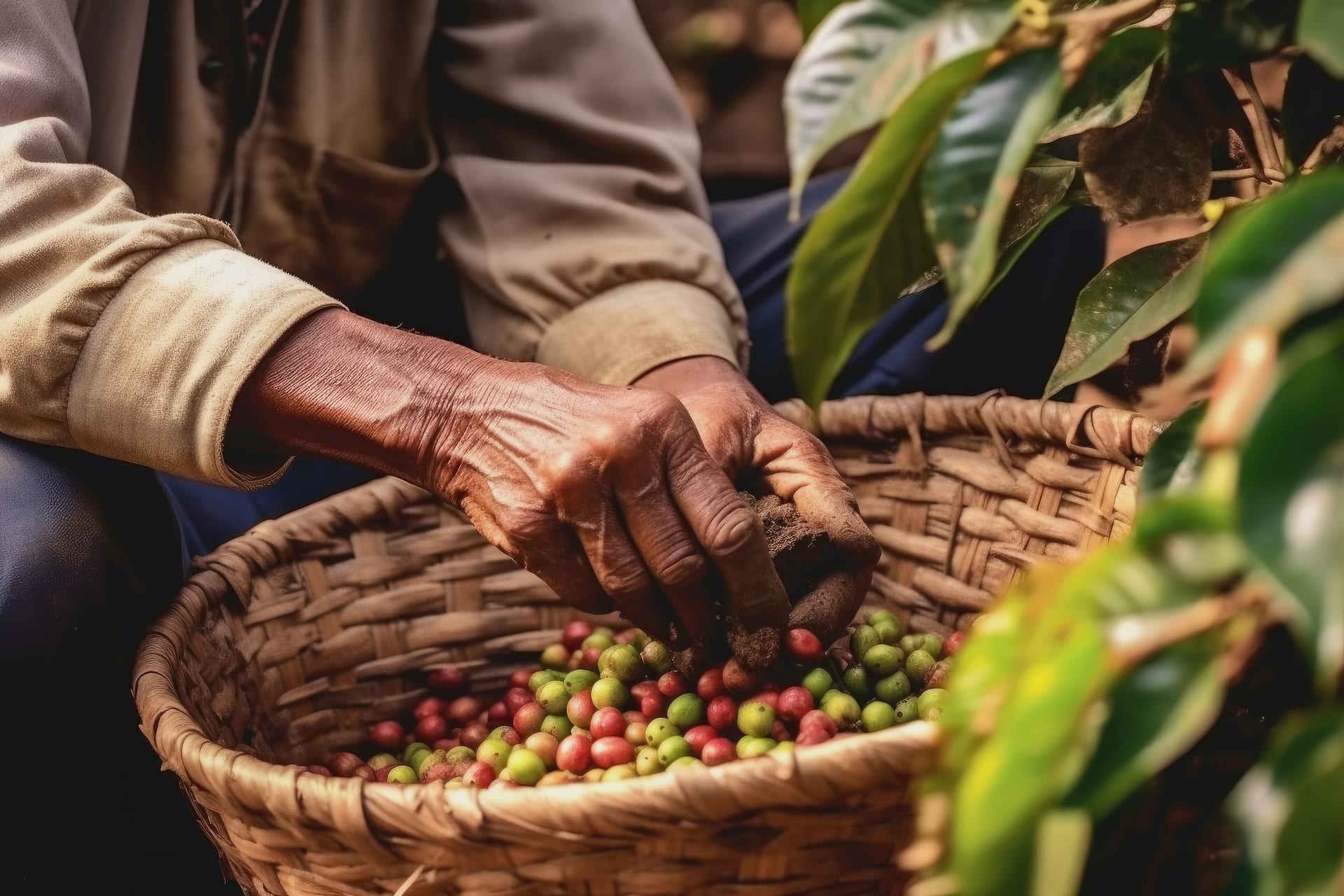 Hände ernten reife Kaffeekirschen in einen Korb